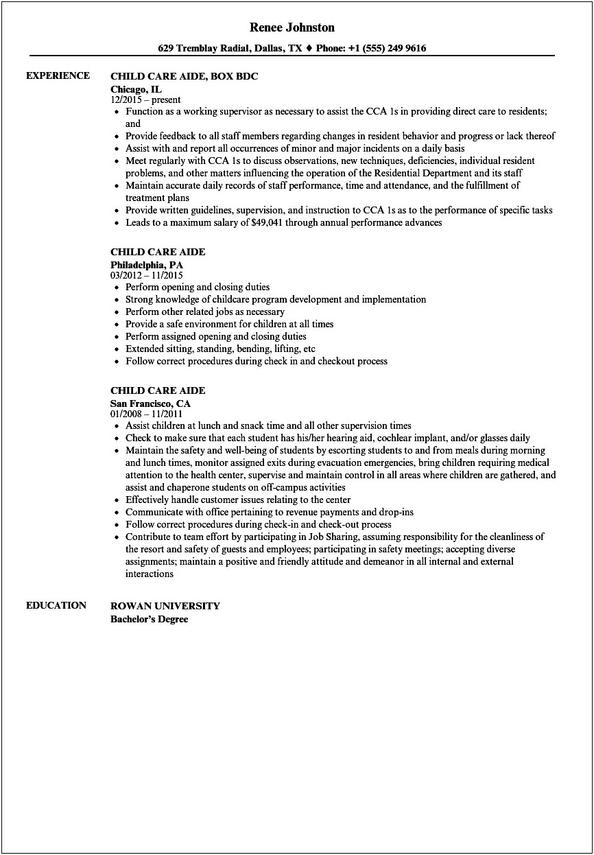 Resume Job Description For Child Care Provider