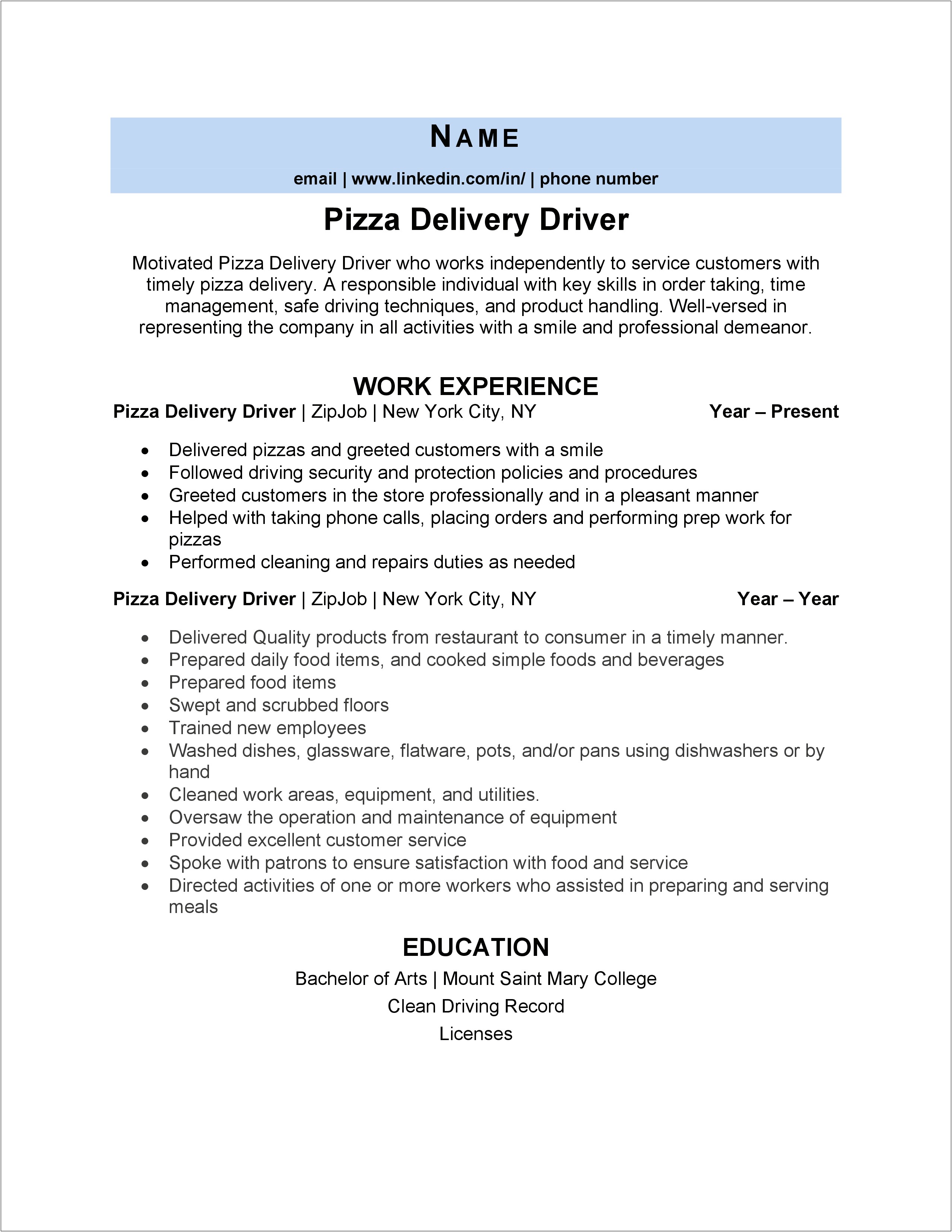 Resume Job Description For Delivery Driver