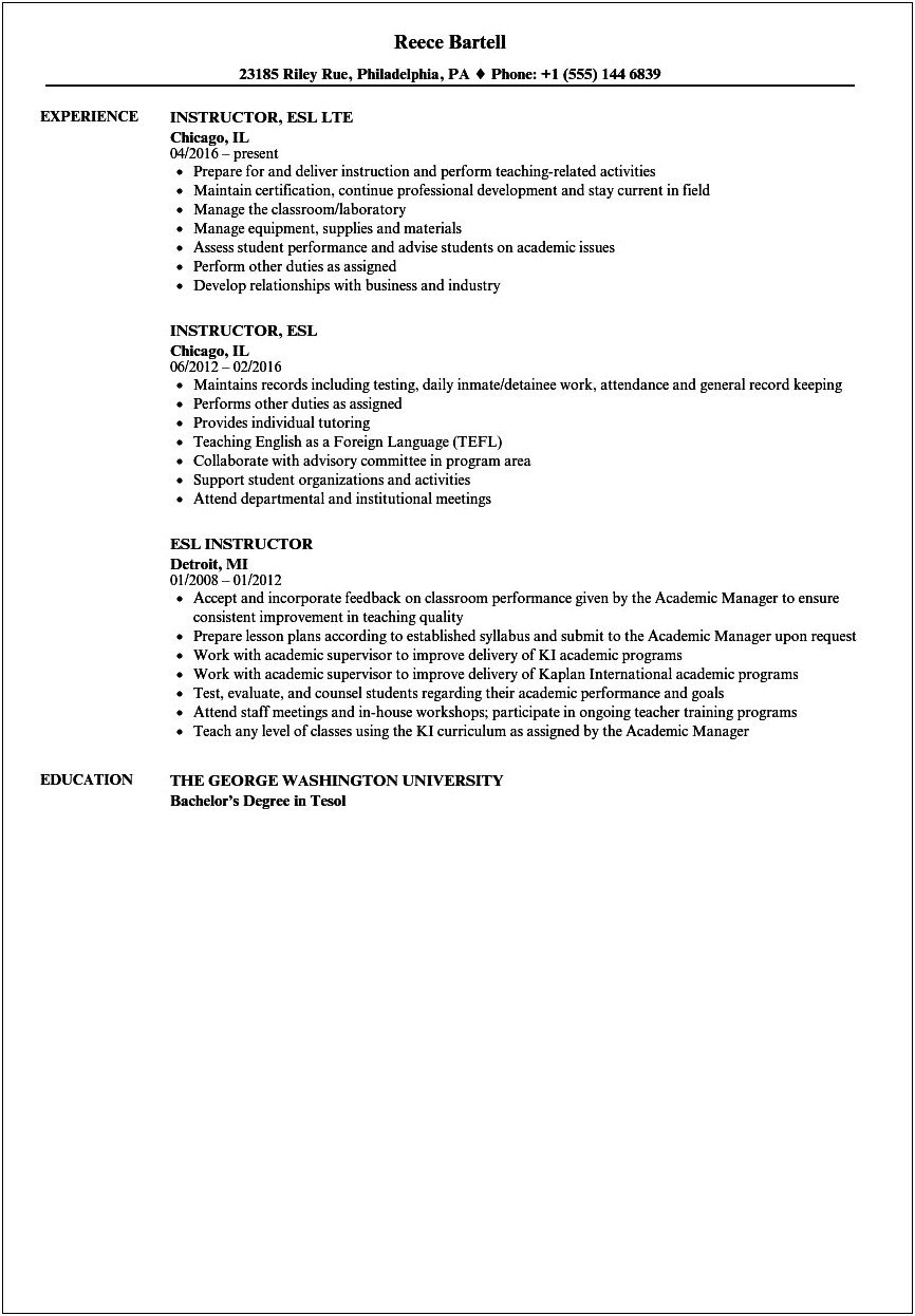 Resume Job Description For English Teacher