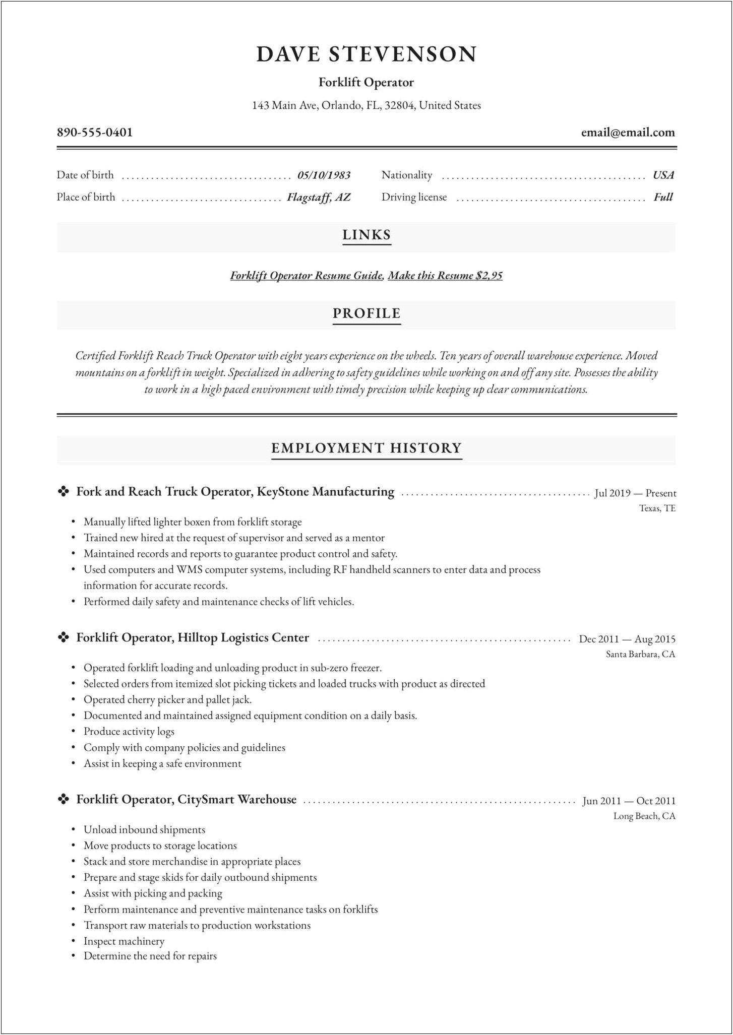 Resume Job Description For Forklift Operator