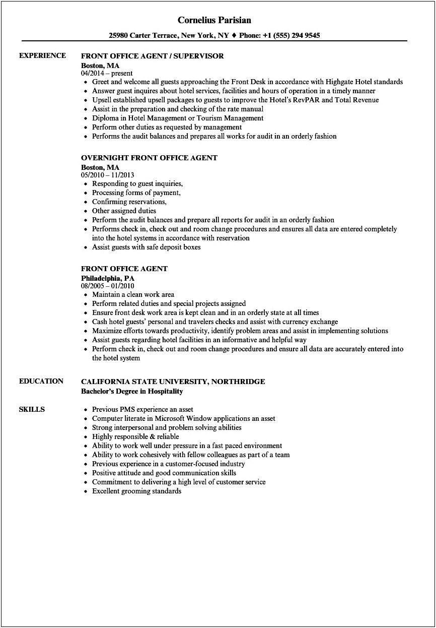 Resume Job Description For Front Desk Agent