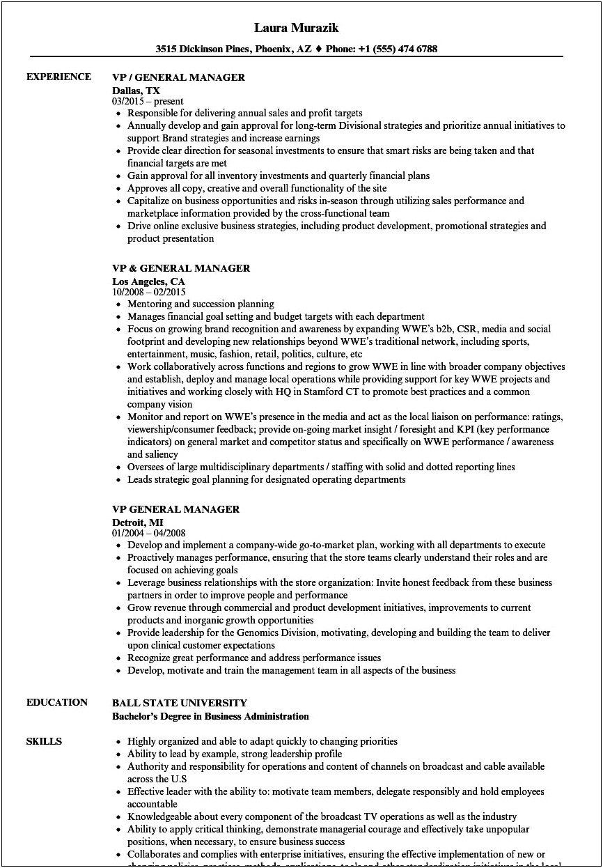 Resume Job Description For General Manager