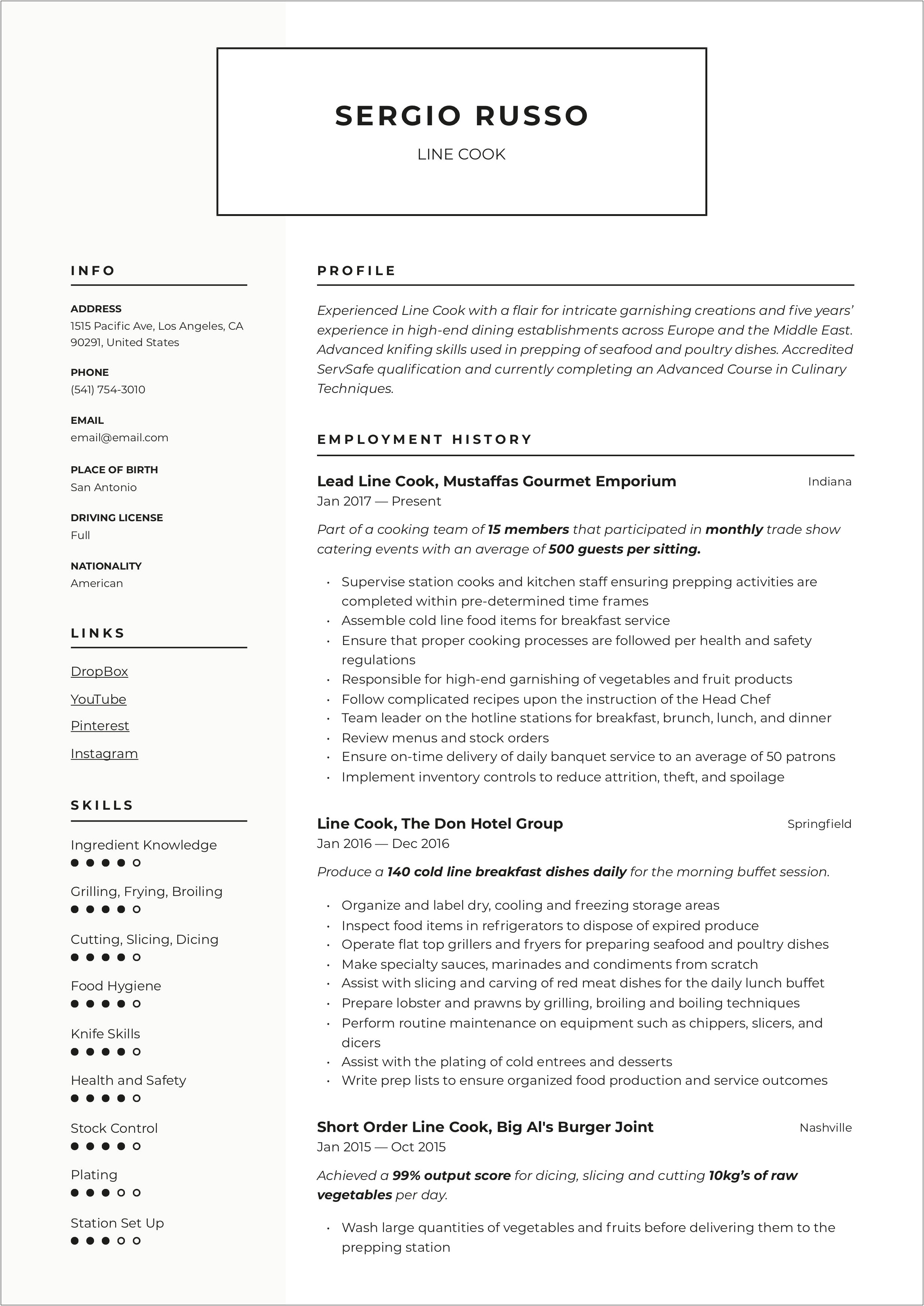 Resume Job Description For Line Cook