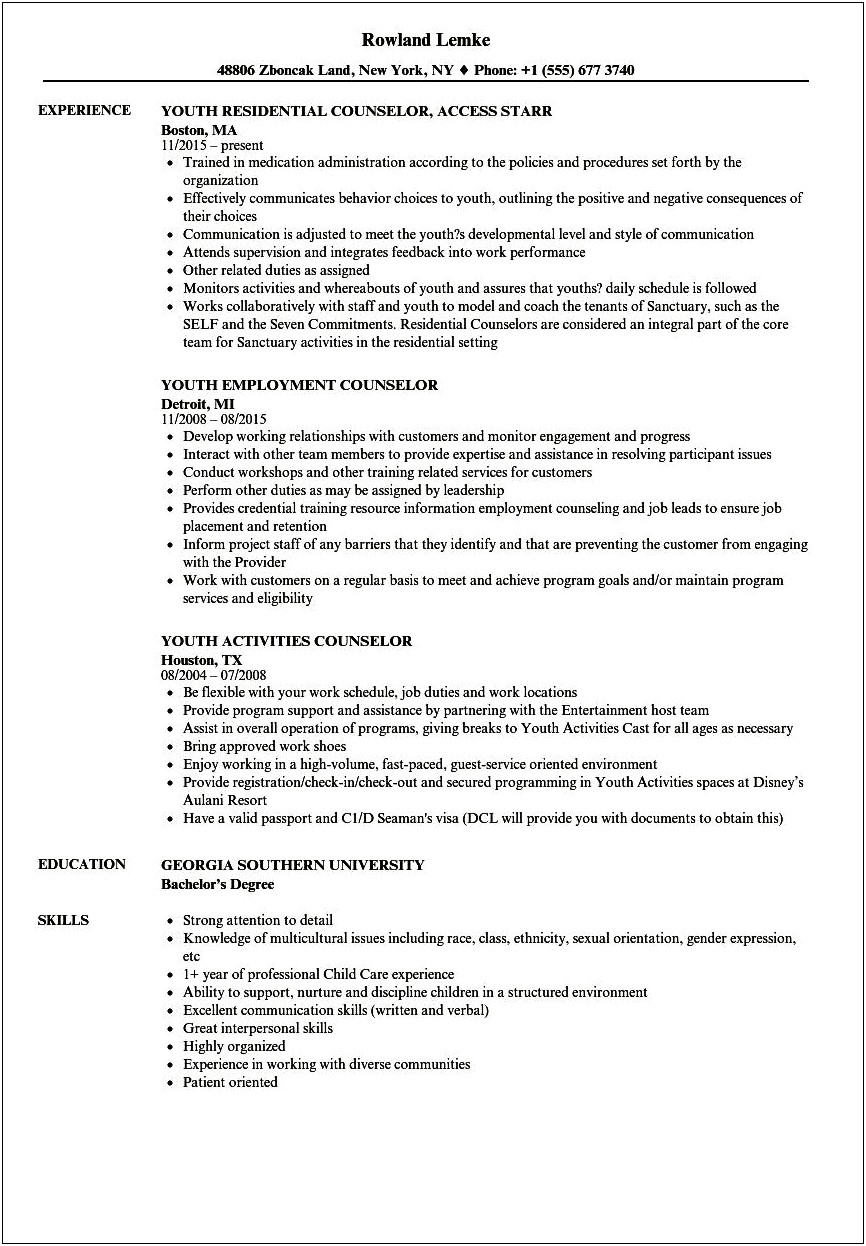 Resume Job Description For Residential Counselor