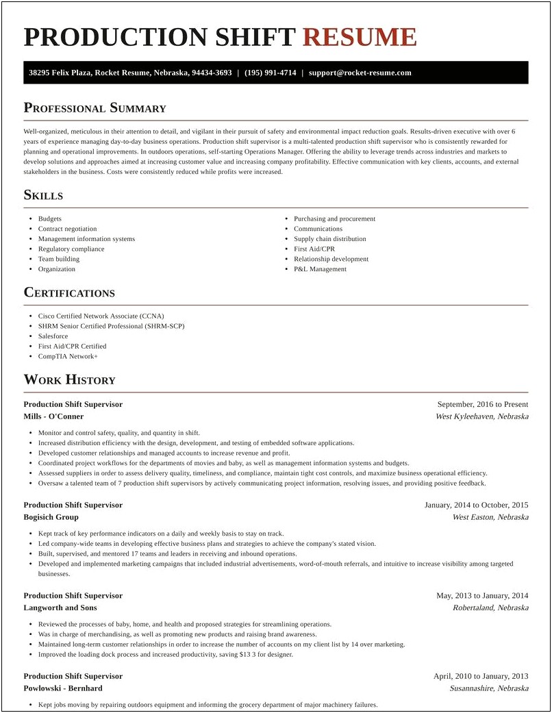 Resume Job Description For Shift Supervisor