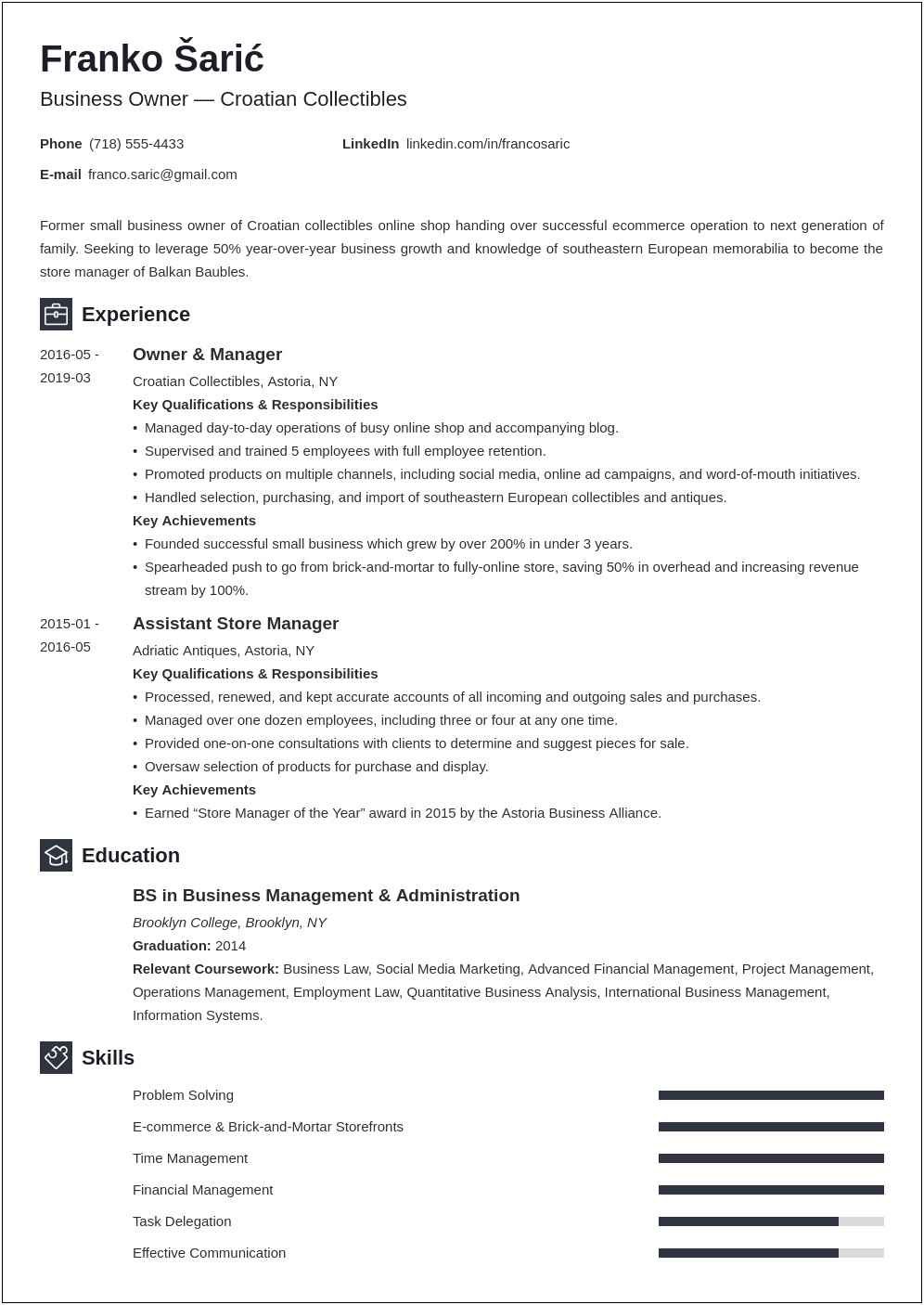 Resume Job Description For Small Business Owner