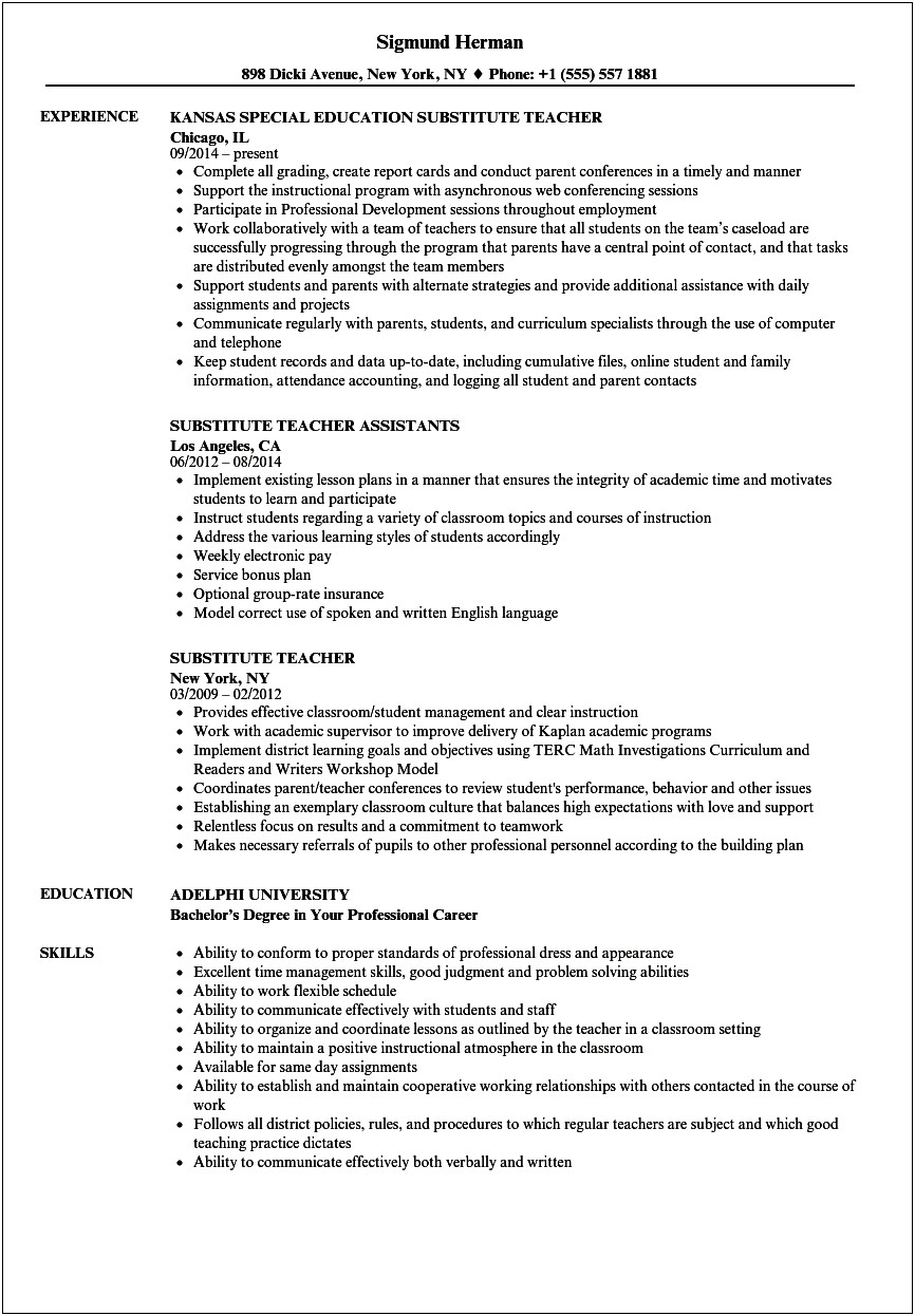 Resume Job Description For Substitute Teacher