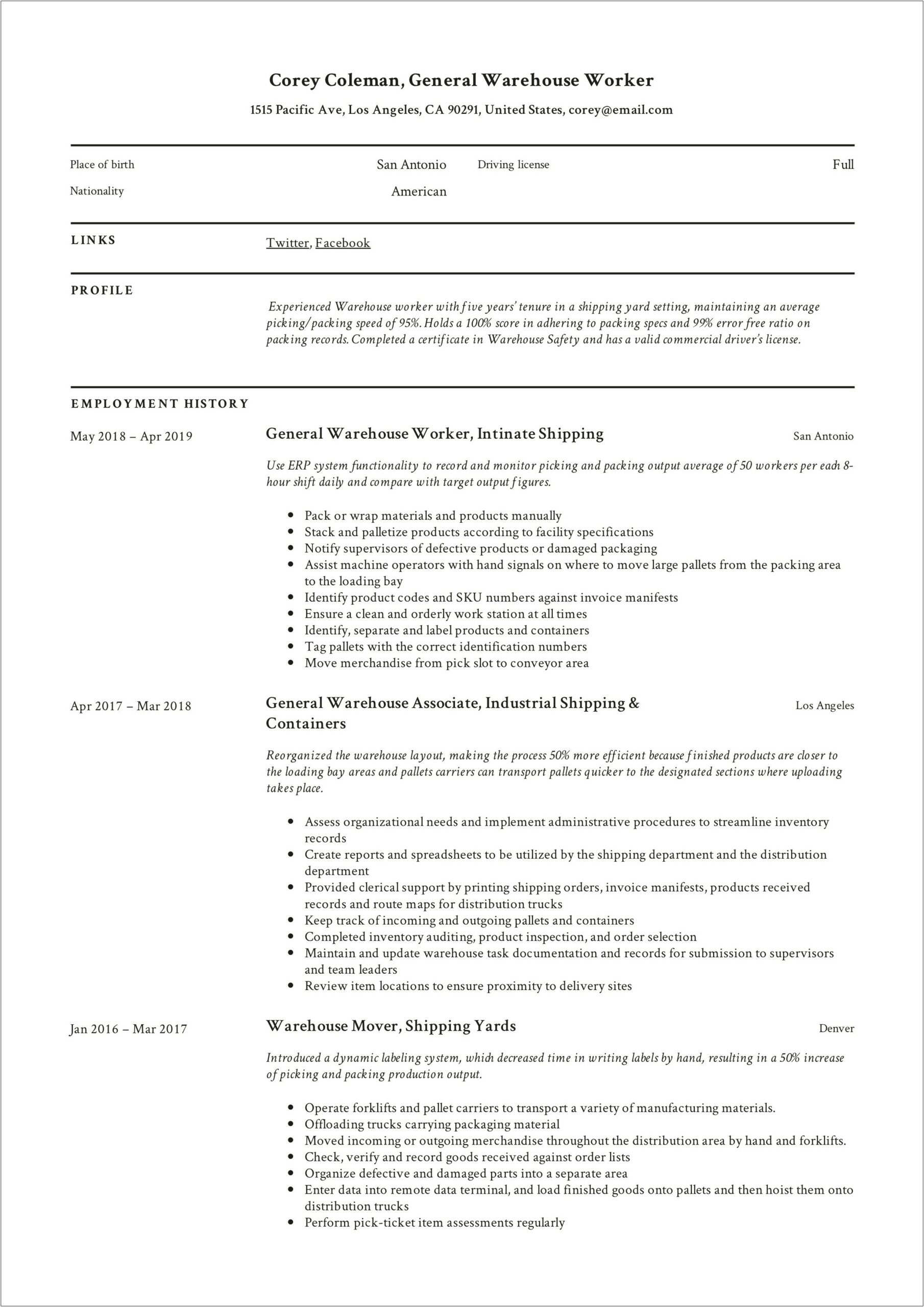 Resume Job Description For Warehouse Worker