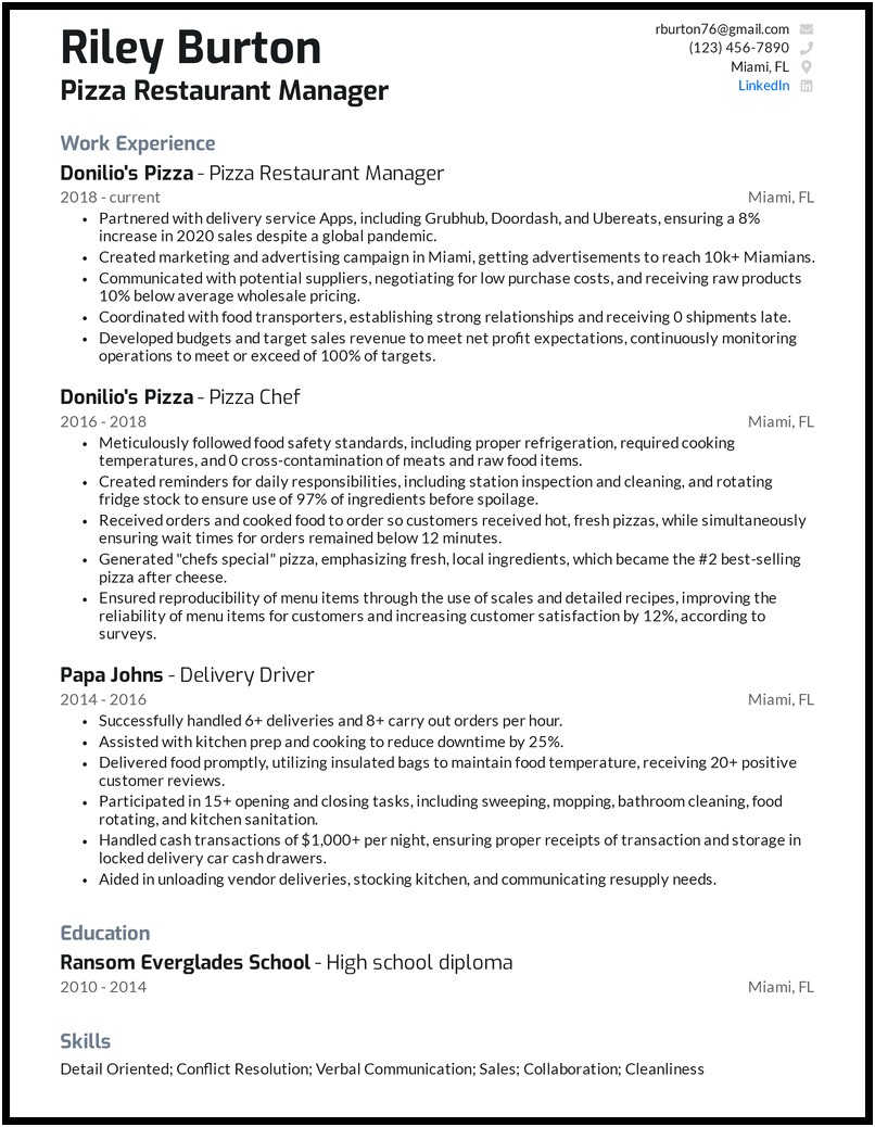 Resume Job Descriptions For Restaurant Manager