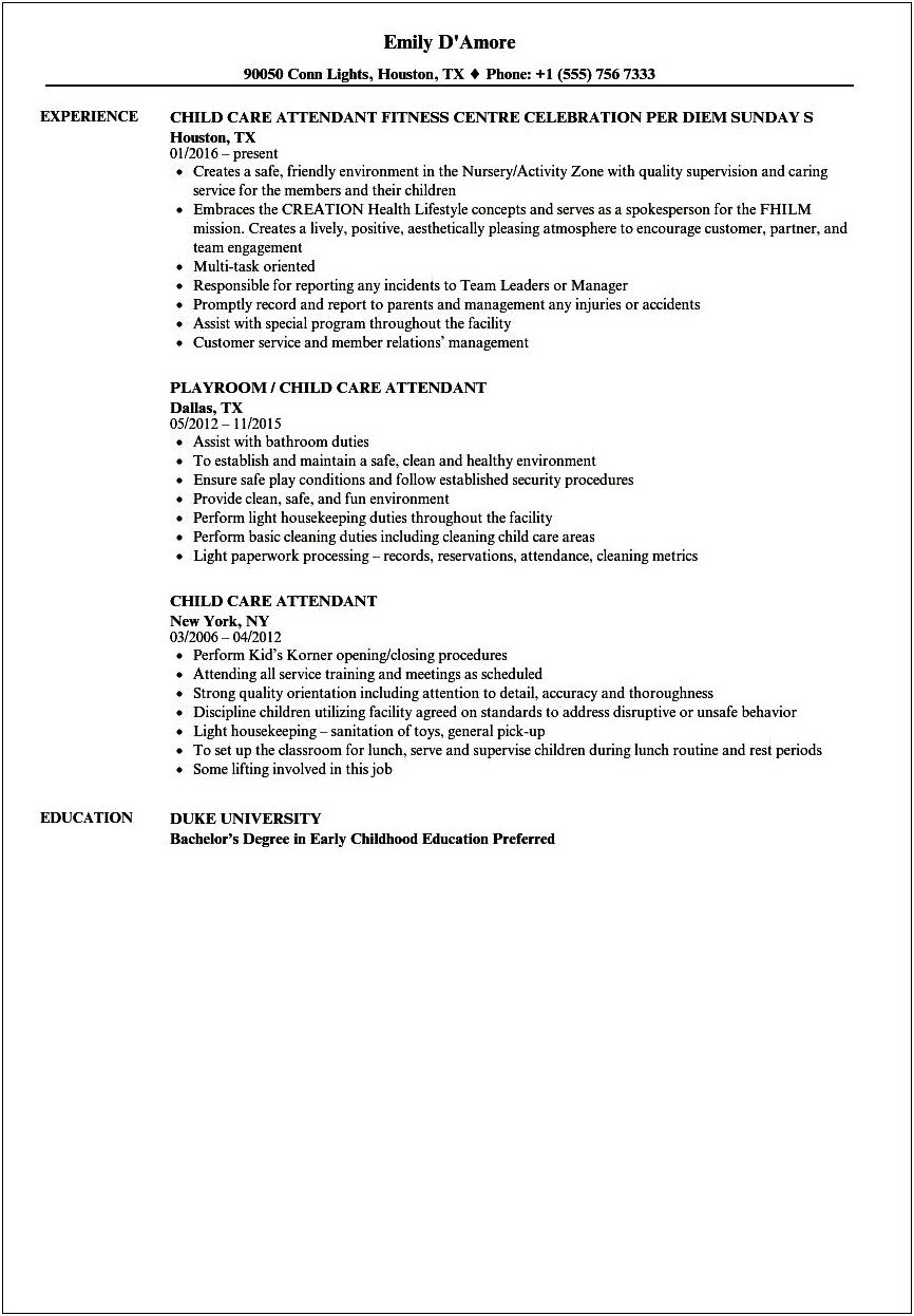 Resume Job Duties For Daycare Attendant