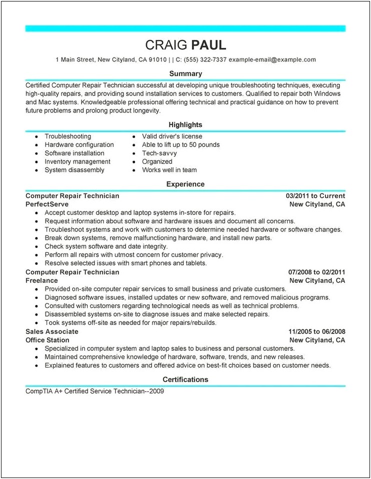 Resume Job Summary For Computer Repair