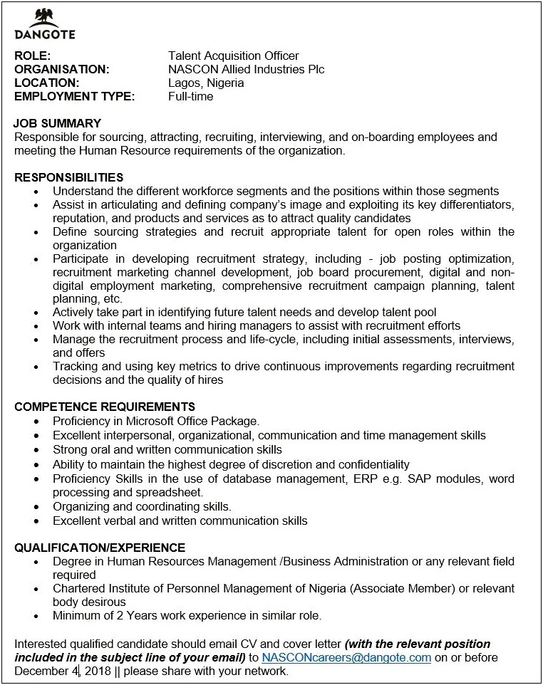 Resume Job Summary Talent Acquisition Specialist