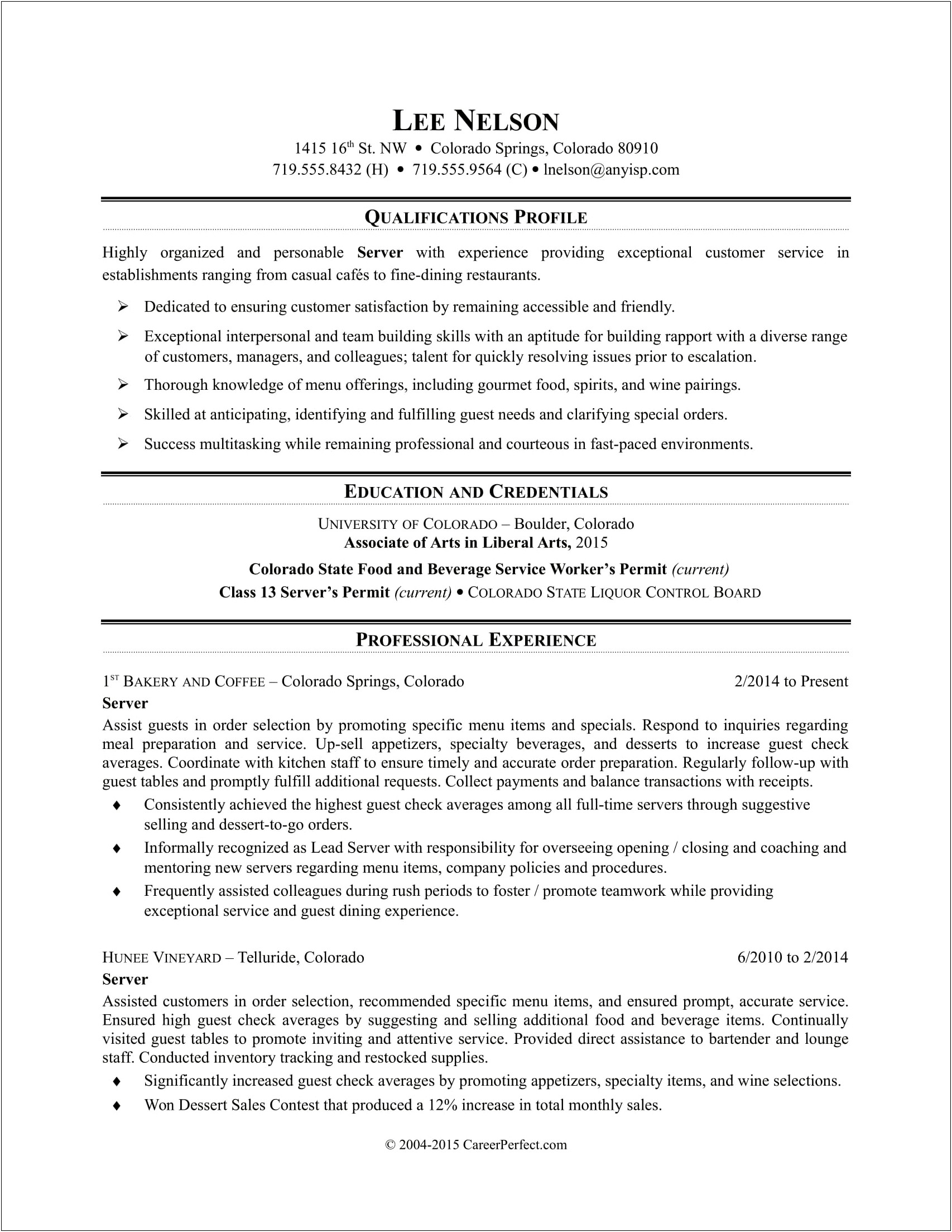 Resume Looking For A Waitress Job