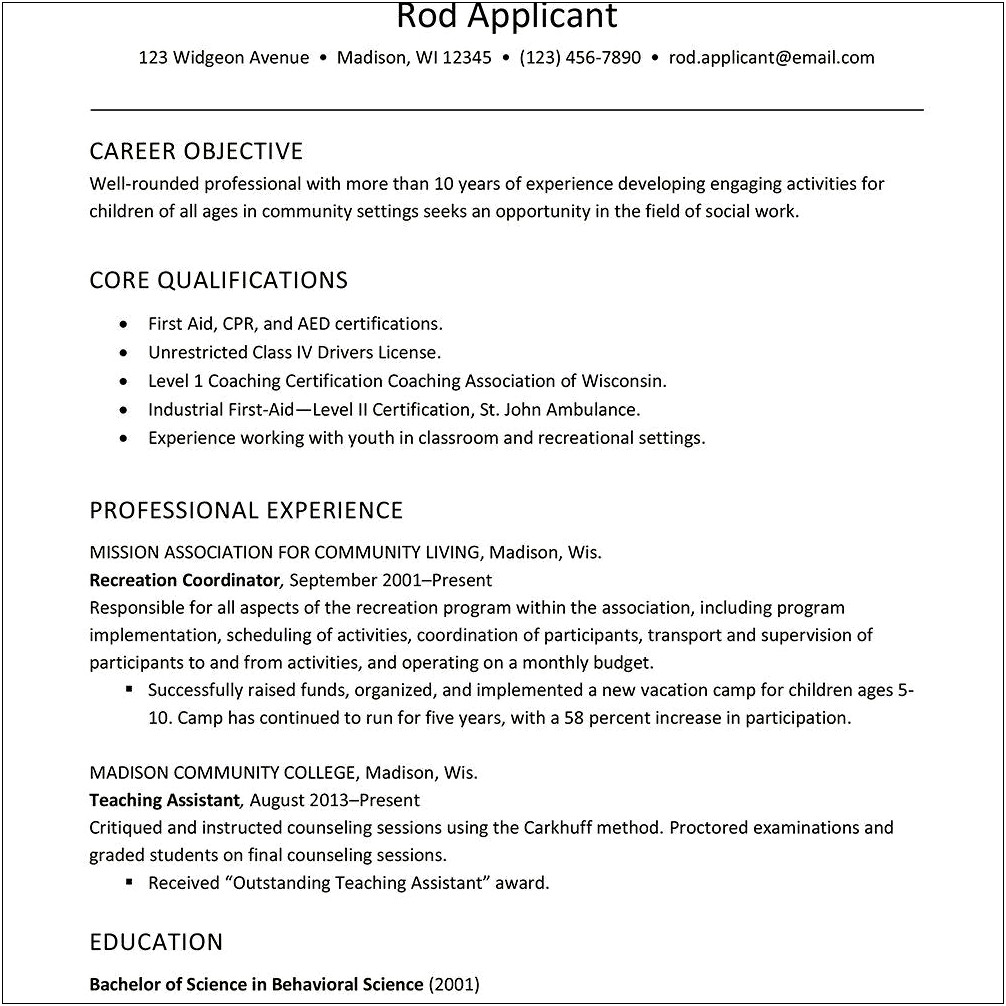 Resume Objection For Child Care Position