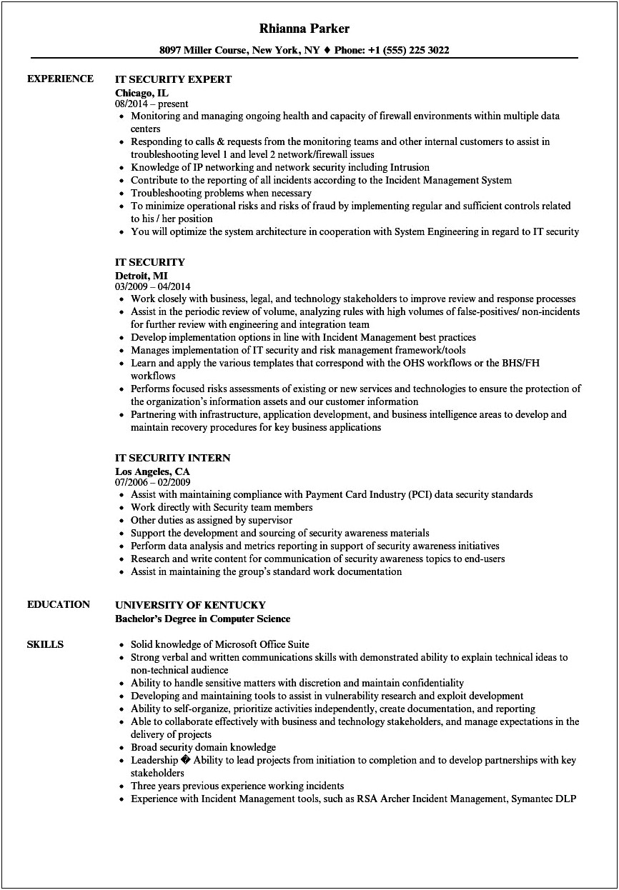 Resume Objective Example For Cyber Security