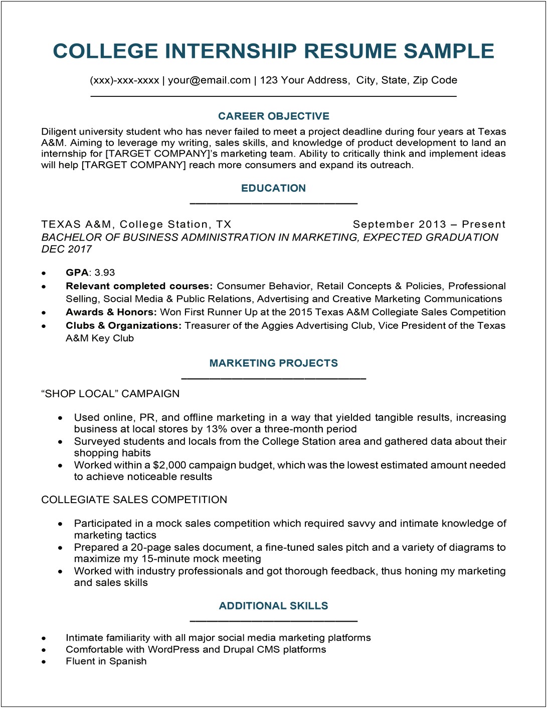 Resume Objective Example For Students Internships