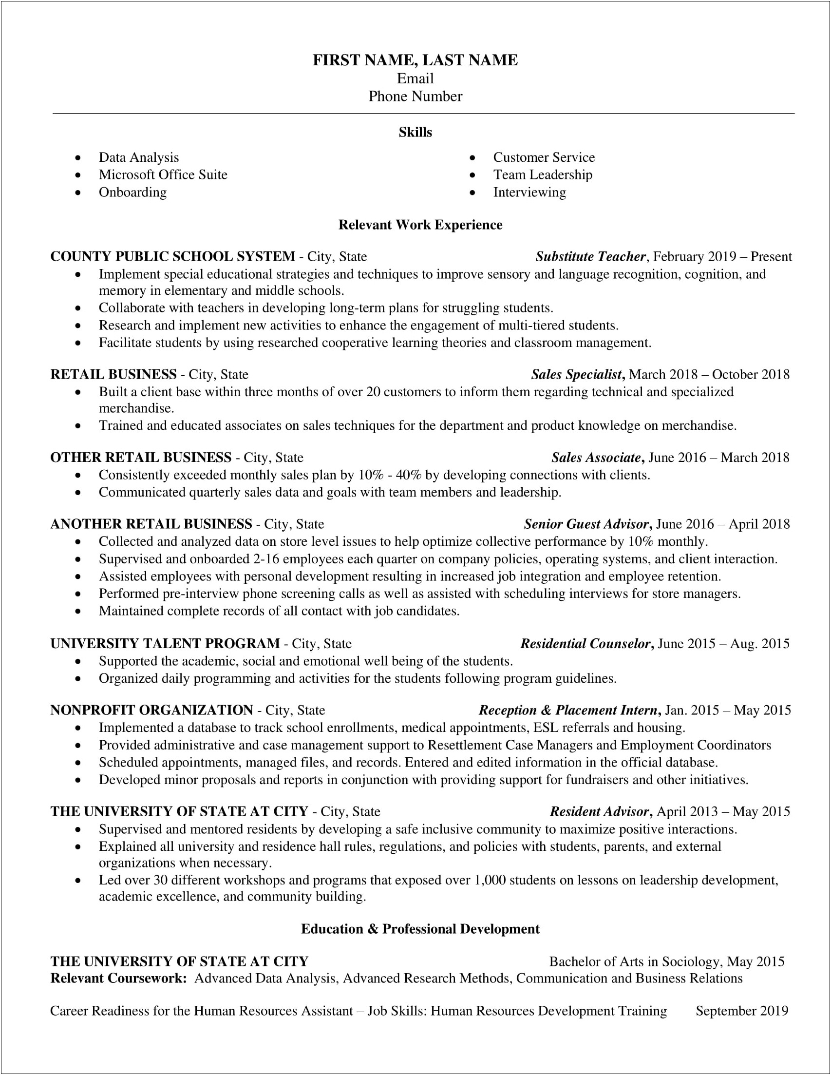 Resume Objective Examples Entry Level Human Resources
