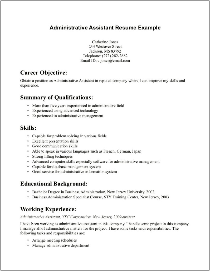 Resume Objective Examples For Business Administration