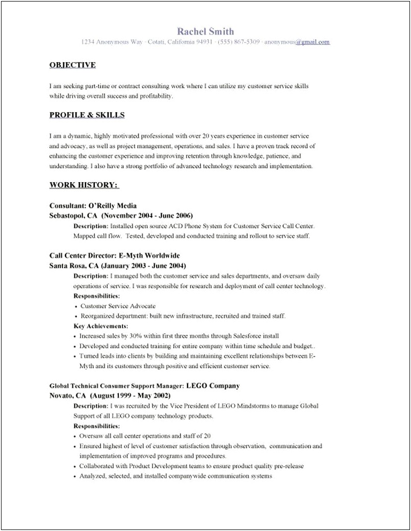 Resume Objective Examples For Call Center