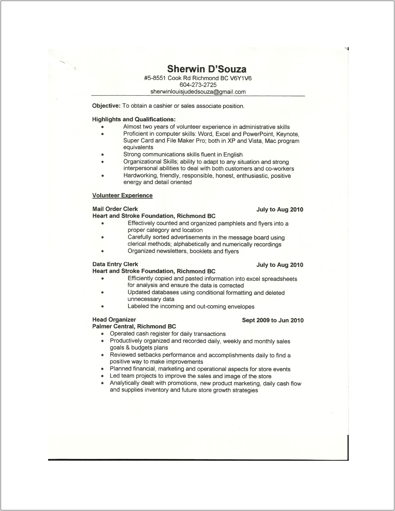 Resume Objective Examples For Cashier Position