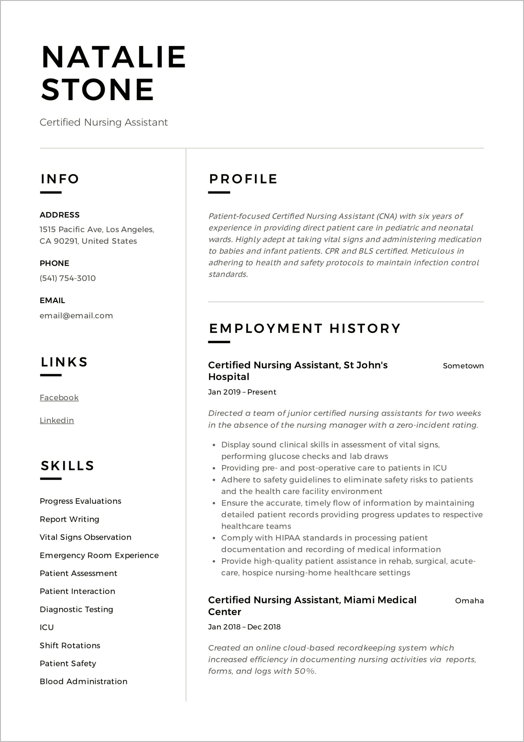 Resume Objective Examples For Certified Nursing Assistant