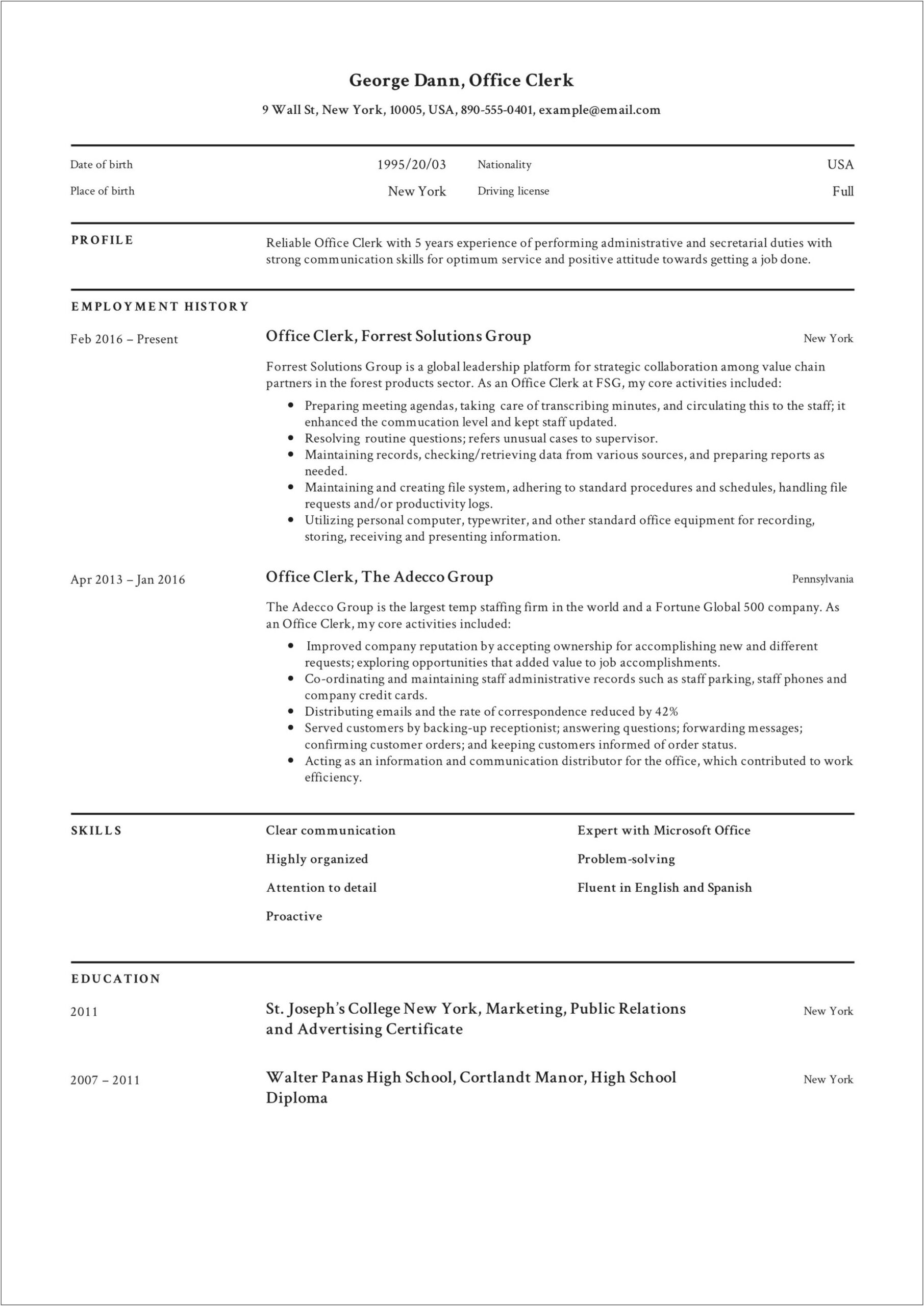 Resume Objective Examples For Clerical Positions