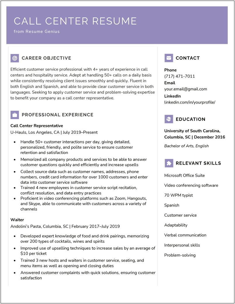 Resume Objective Examples For Customer Service Representative