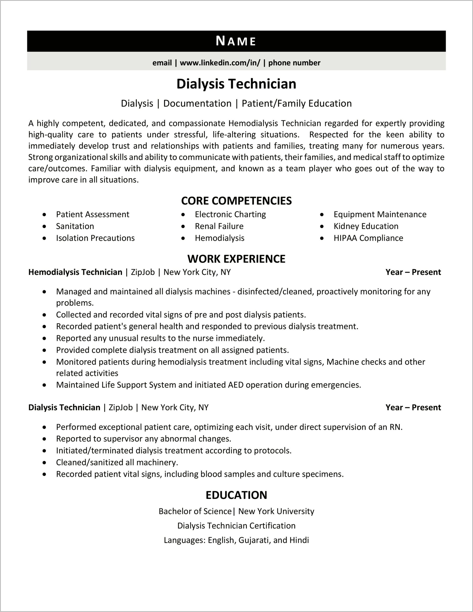 Resume Objective Examples For Dialysis Technician