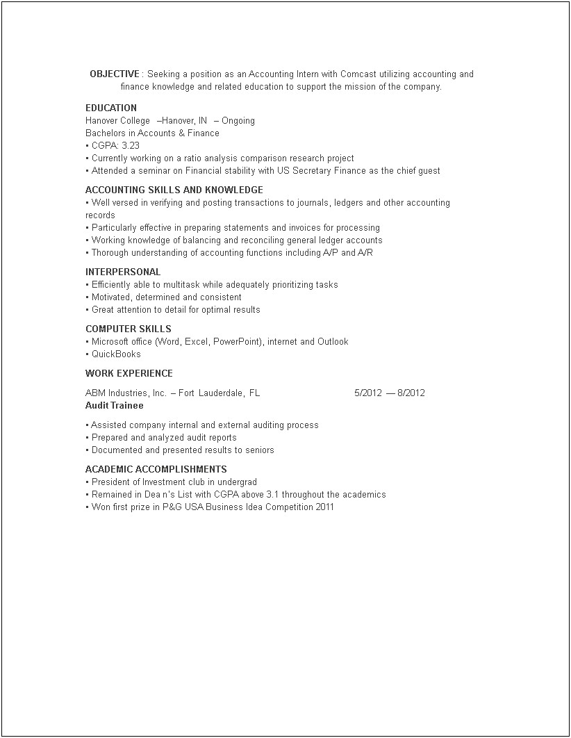 Resume Objective Examples For First Accounting Internship