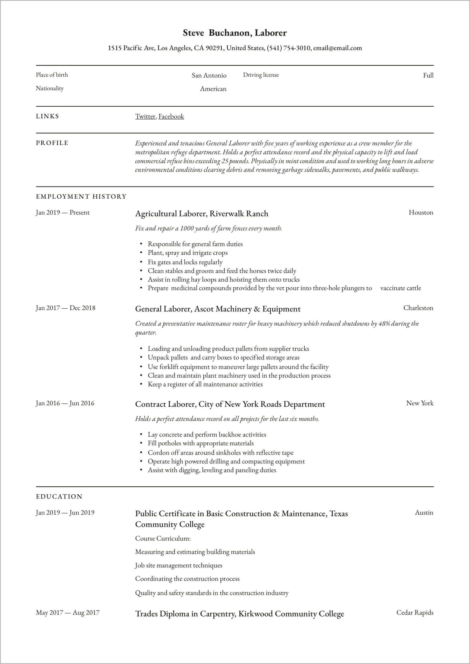 Resume Objective Examples For General Labor