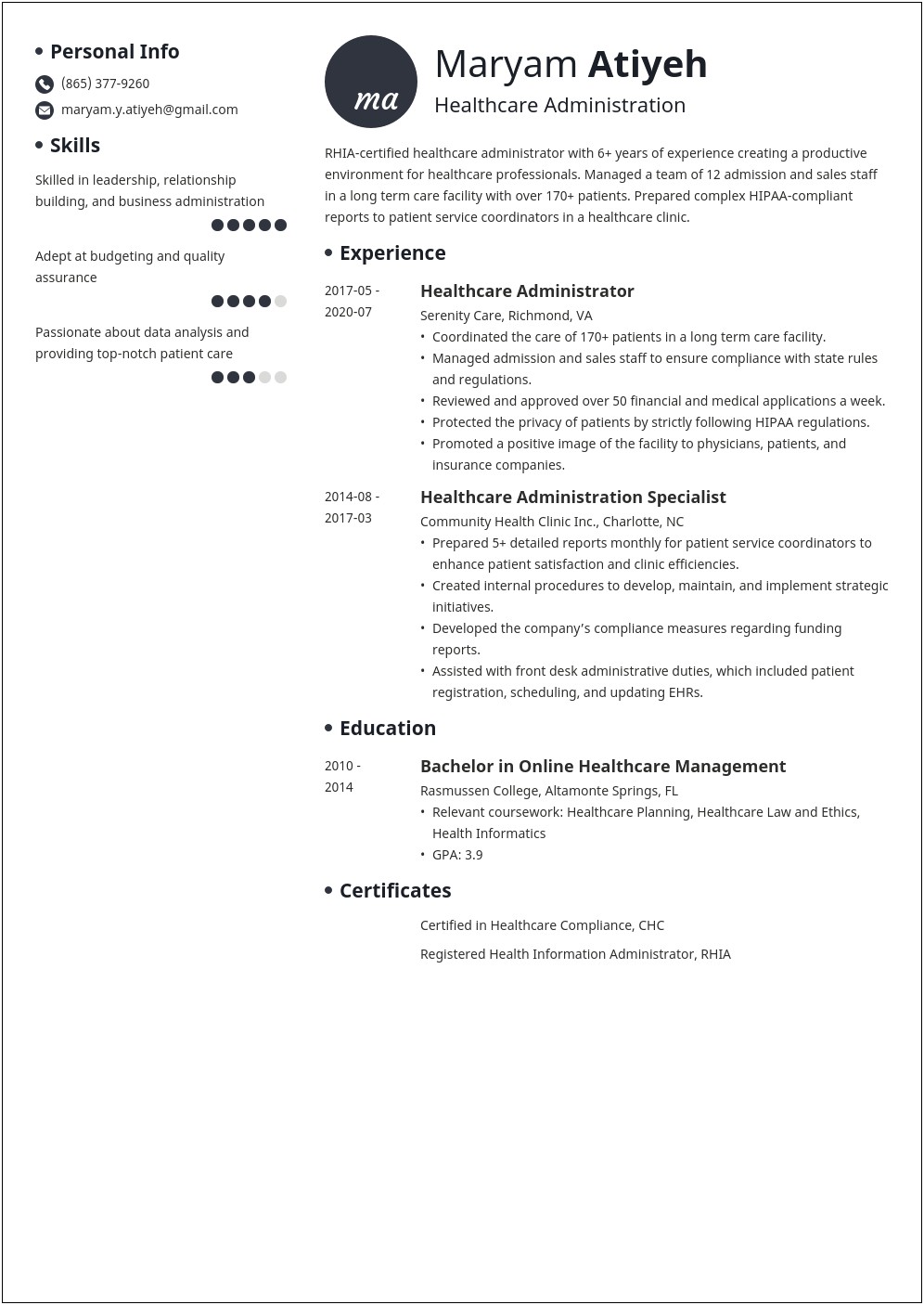 Resume Objective Examples For Healthcare Management