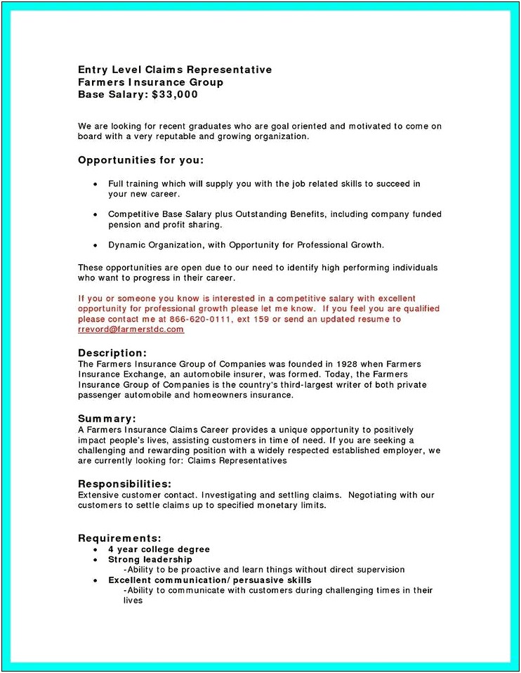 Resume Objective Examples For Insurance Adjuster