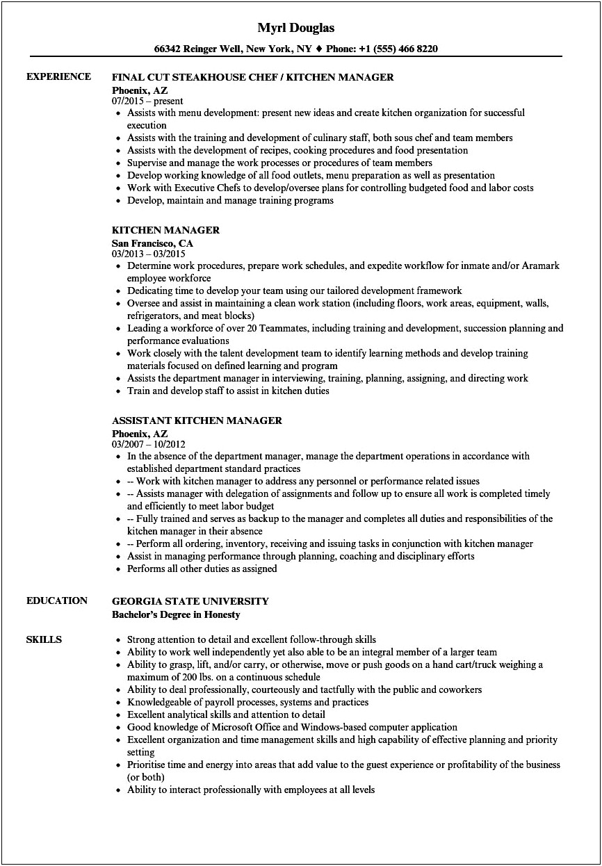 Resume Objective Examples For Kitchen Manager