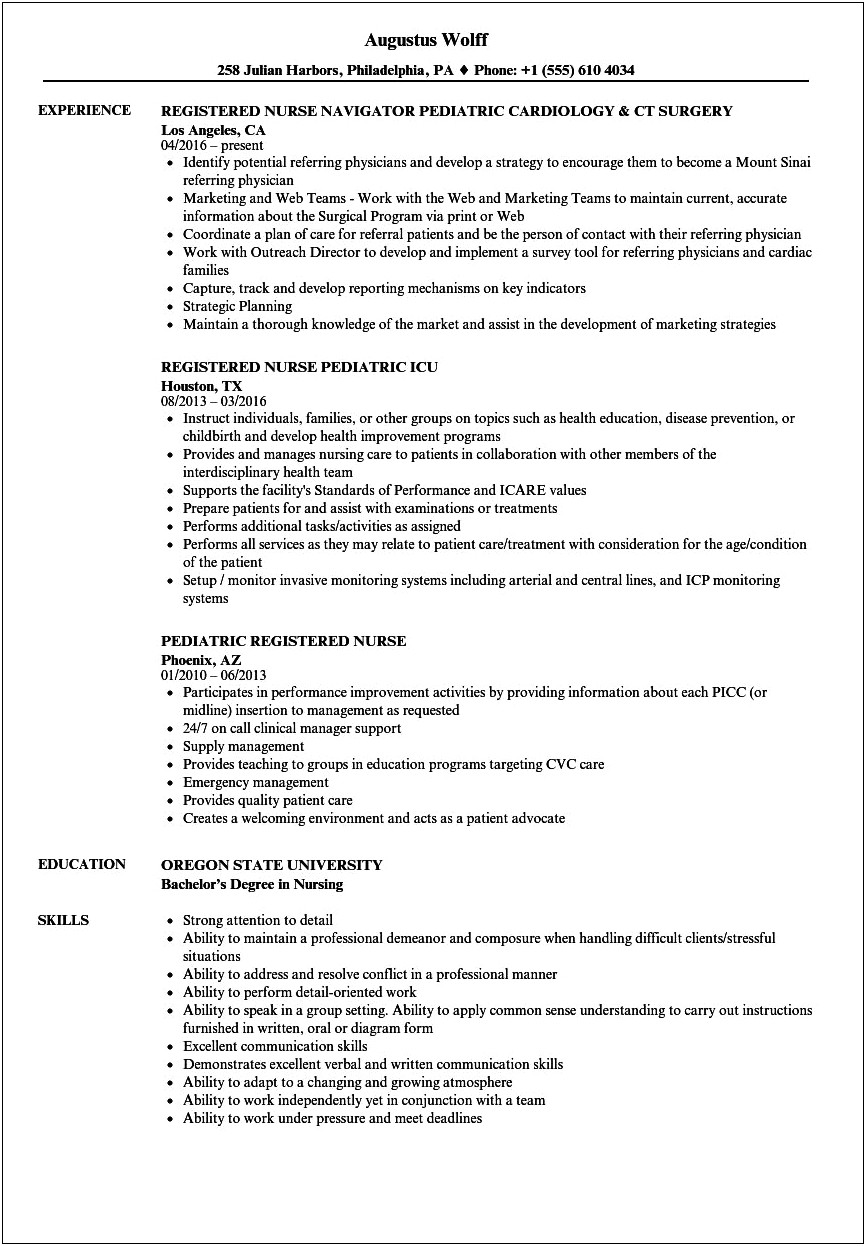 Resume Objective Examples For Pediatric Nurse