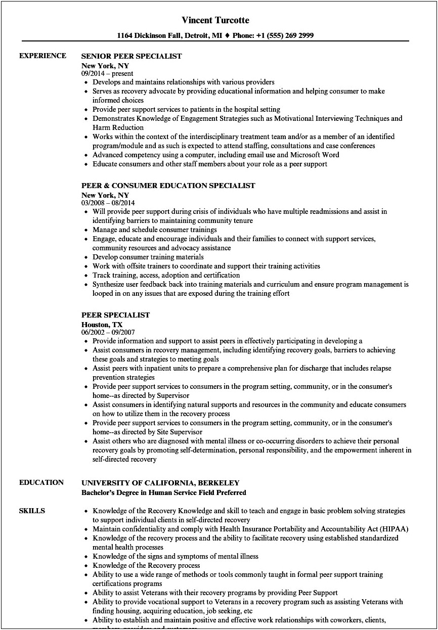 Resume Objective Examples For Peer Specialist