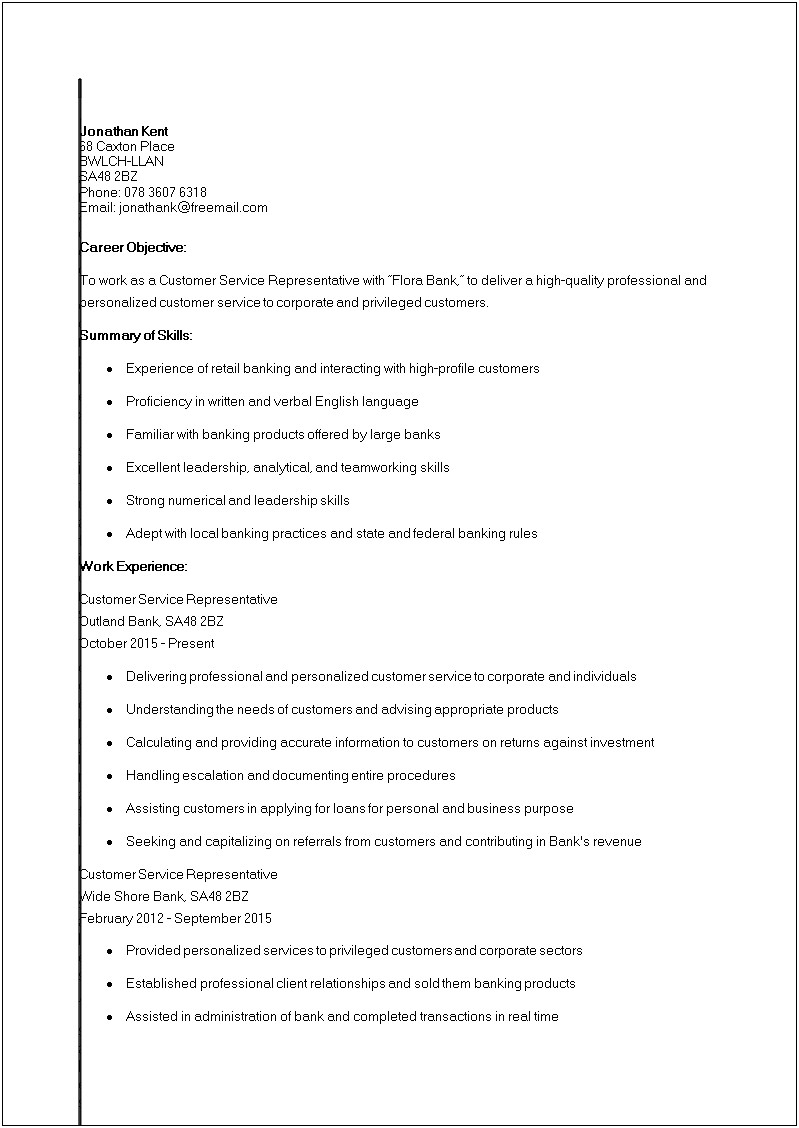 Resume Objective Examples For Personal Banker