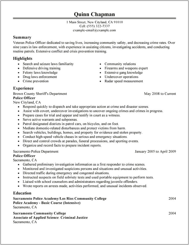 Resume Objective Examples For Police Officer