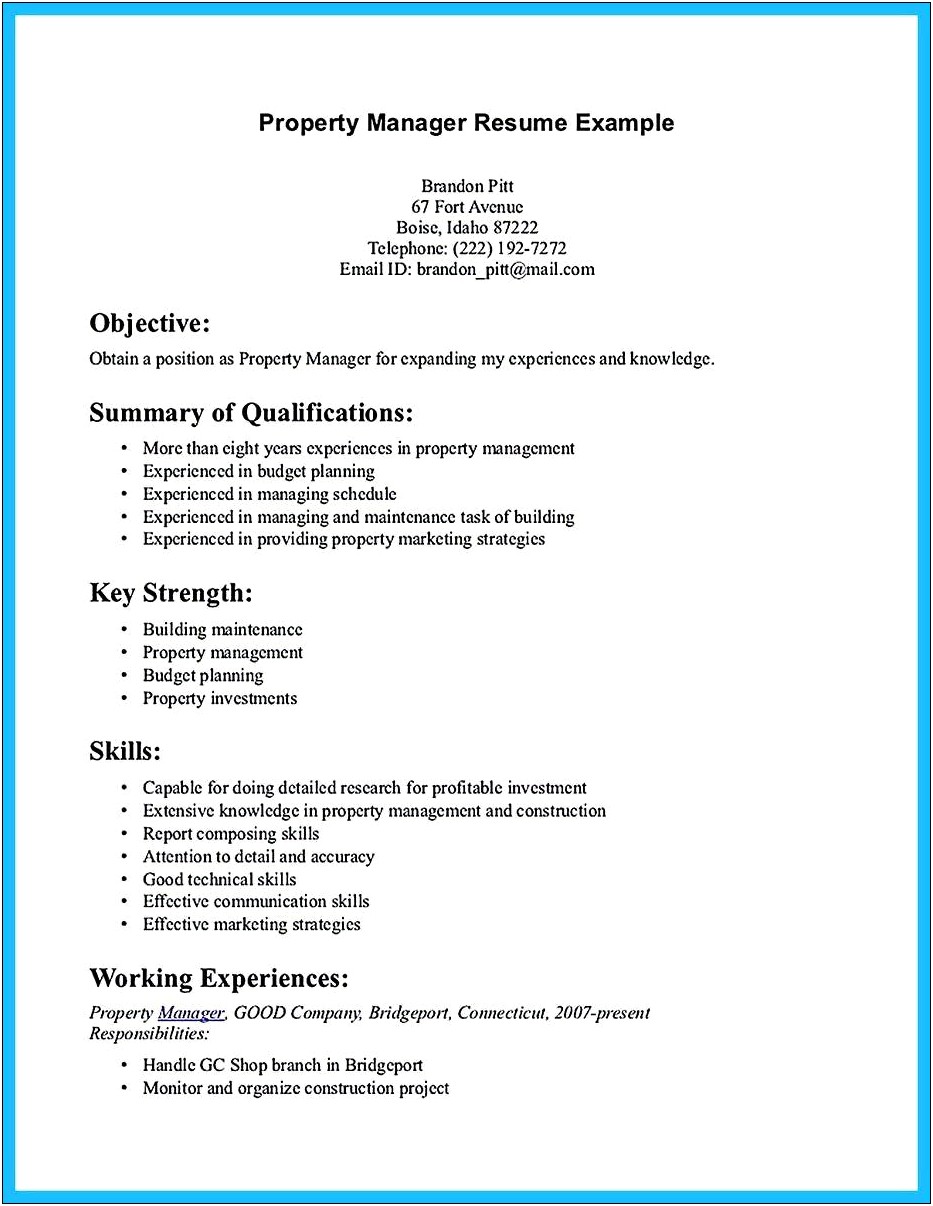 Resume Objective Examples For Property Manager