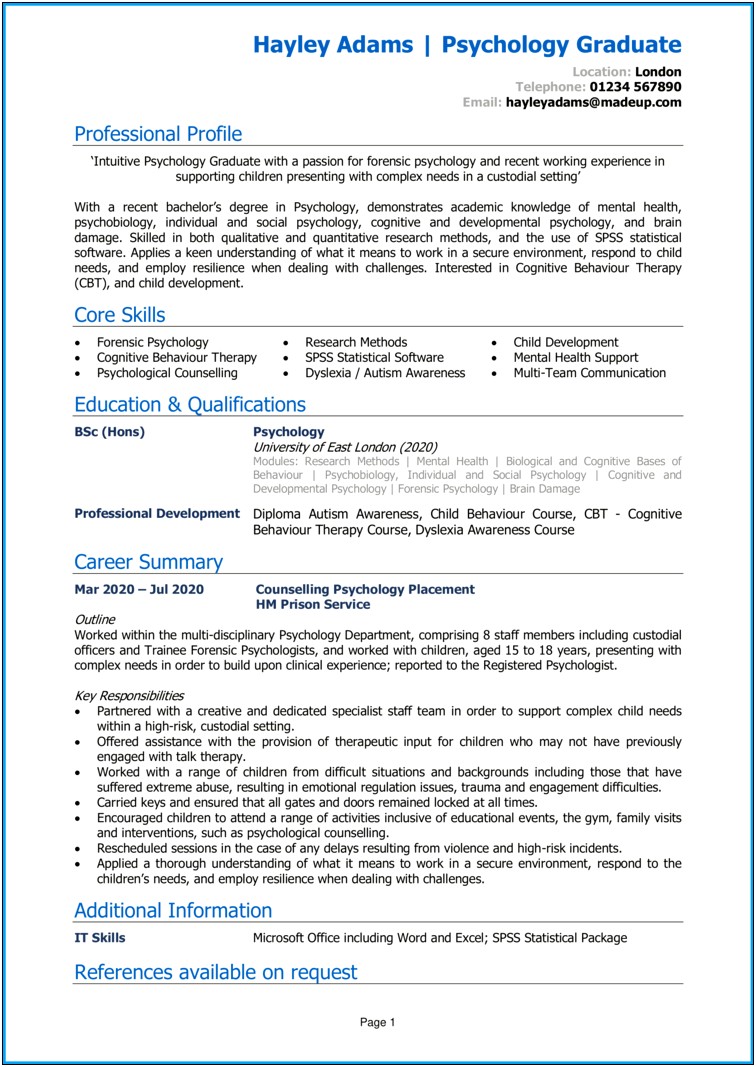 Resume Objective Examples For Recent Psychology College Graduates