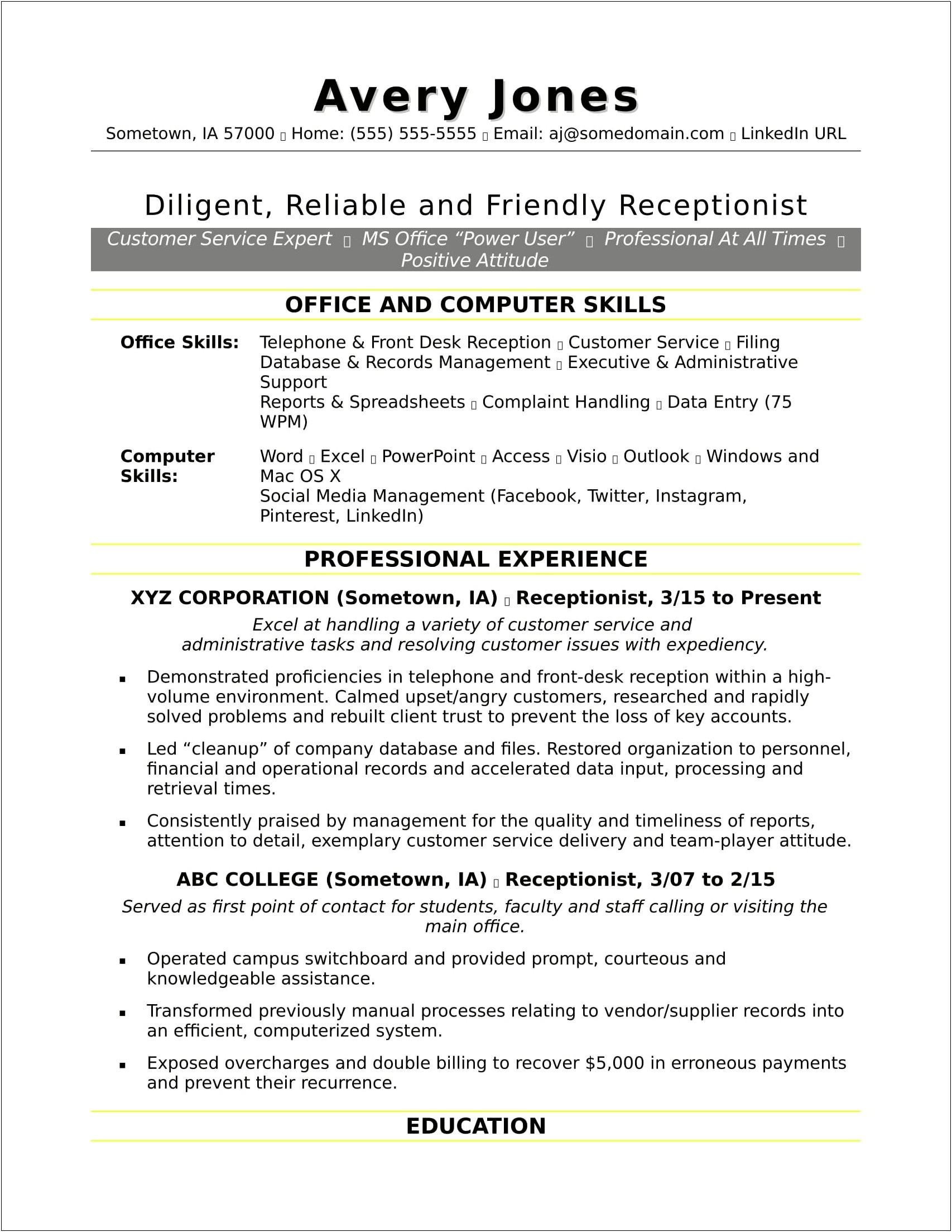 Resume Objective Examples For Receptionist Position