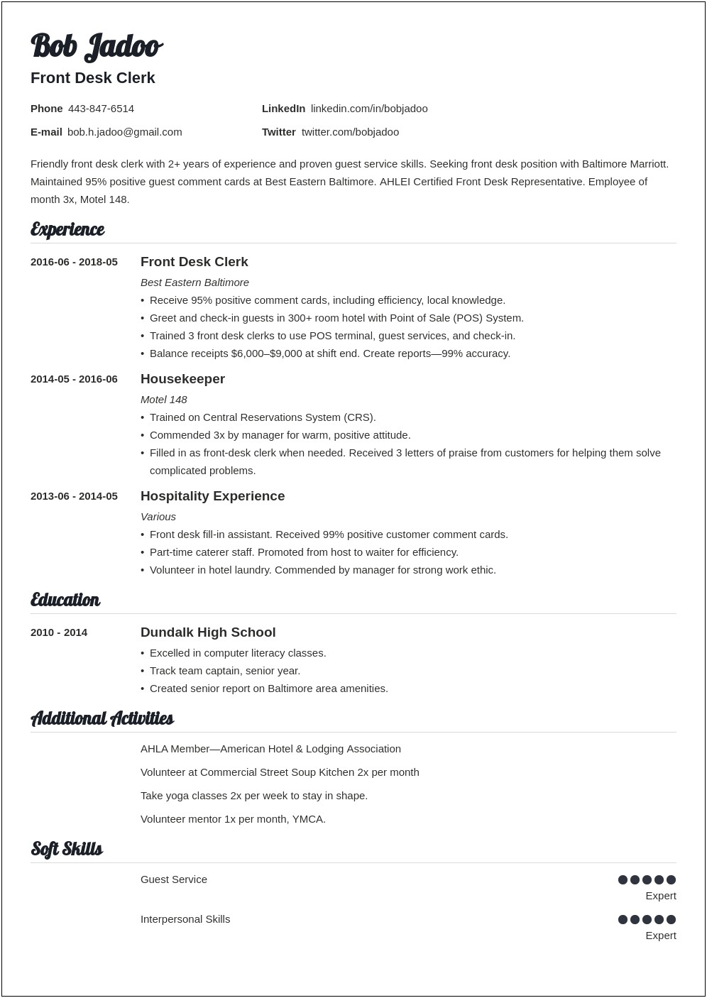 Resume Objective Examples For Restaurant Management