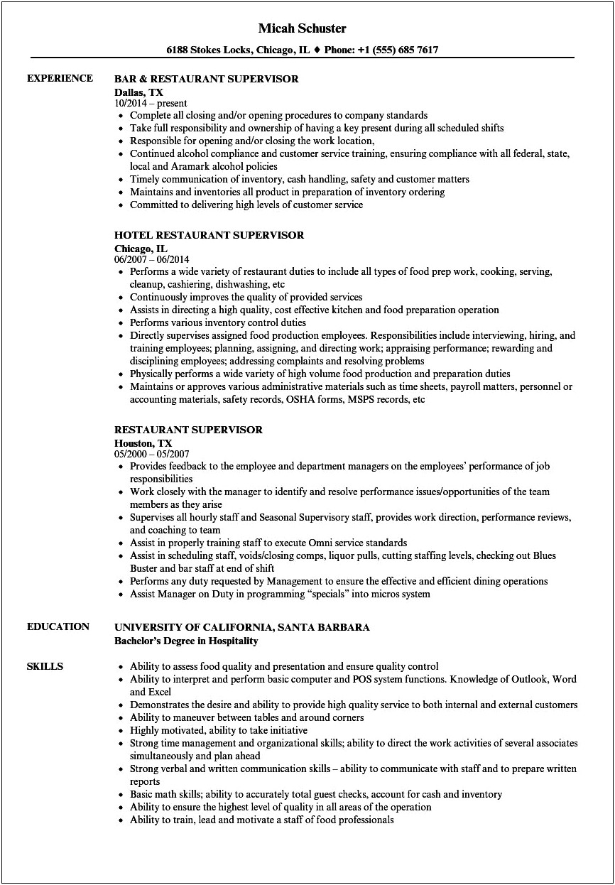 Resume Objective Examples For Restaurant Supervisor