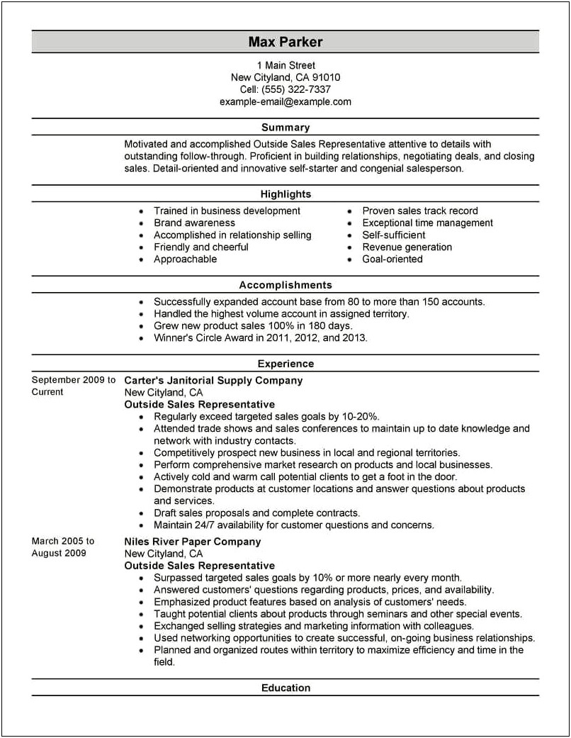 Resume Objective Examples For Sales Representative