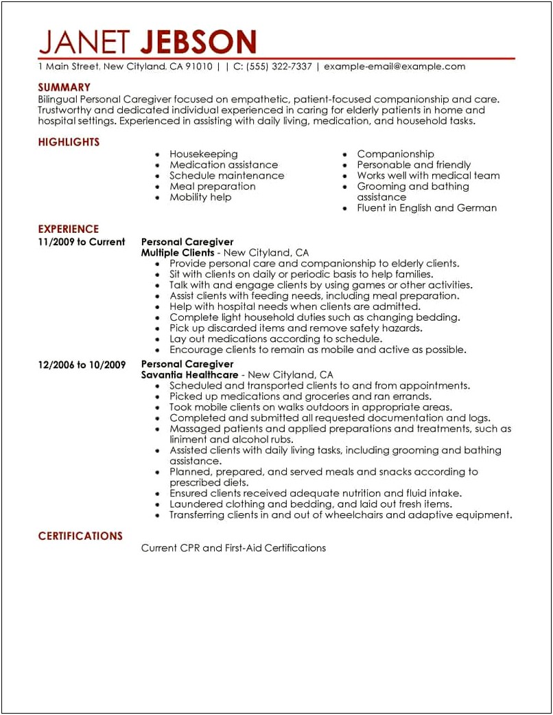 Resume Objective For A Housekeeping And Personal Assistant