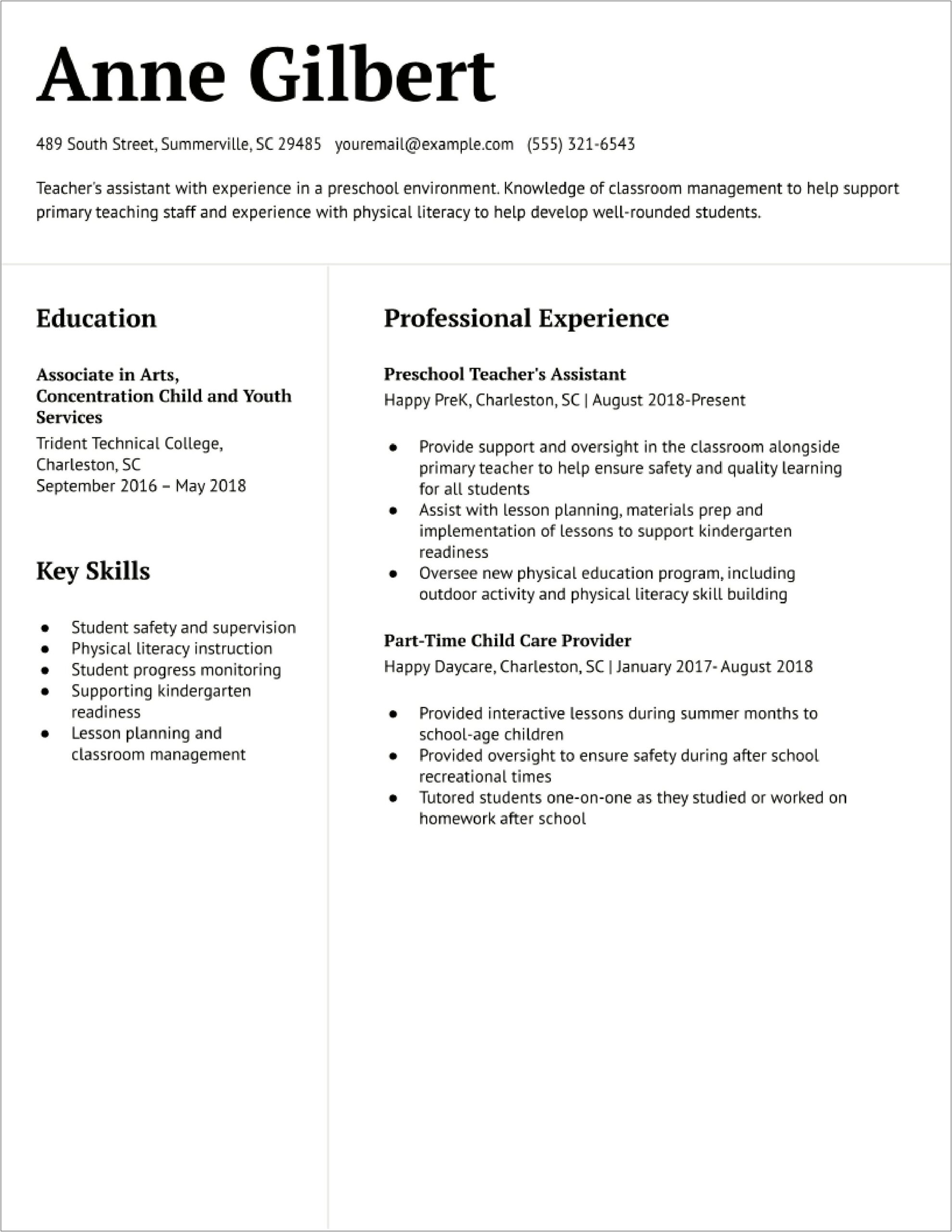 Resume Objective For A Preschool Teacher Aide