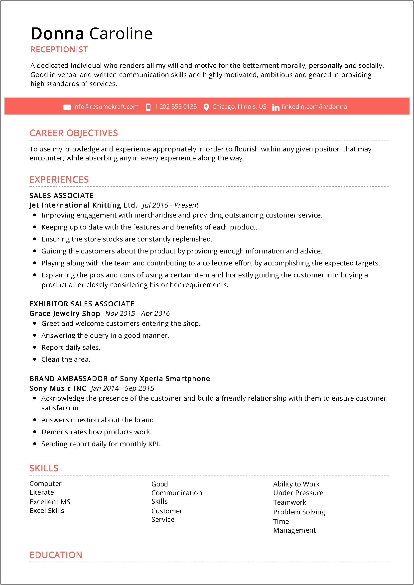 Resume Objective For A Receptionist Job