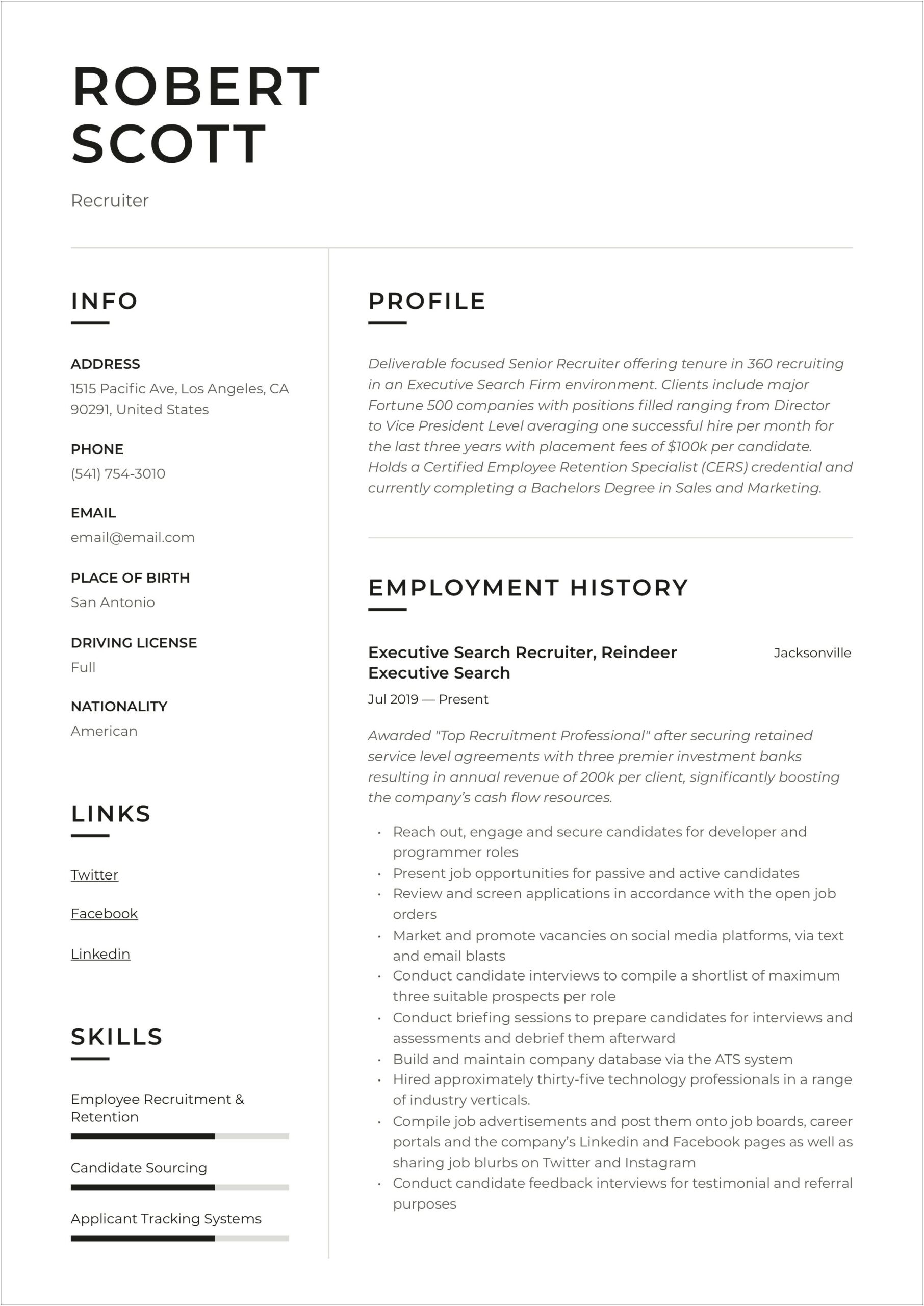 Resume Objective For A Recruiter Position
