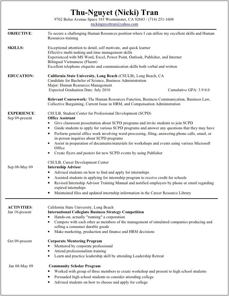 Resume Objective For A Student Internship Involving Power