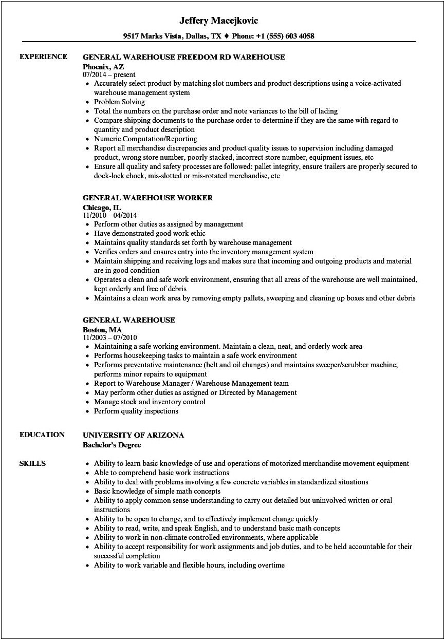 Resume Objective For A Warehouse Position