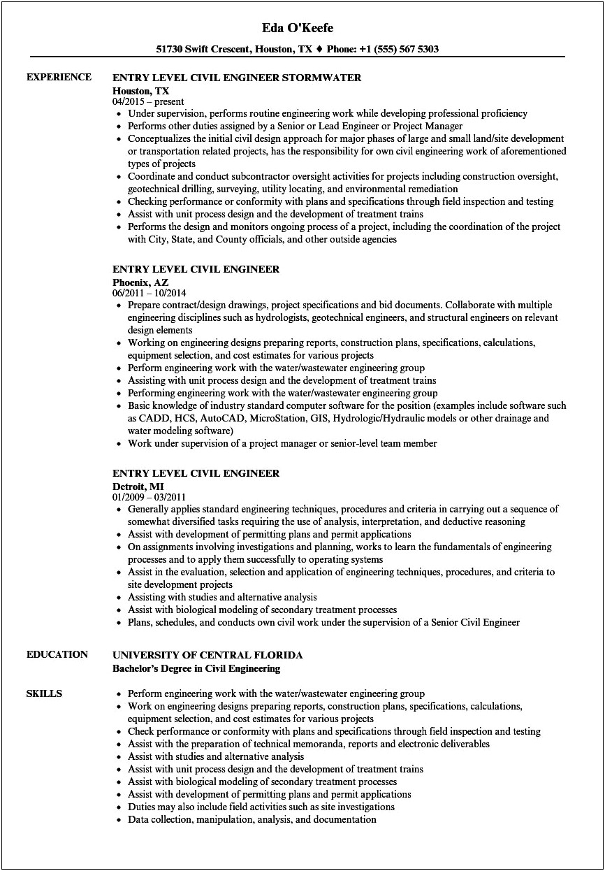 Resume Objective For An Civil Engineering Internship